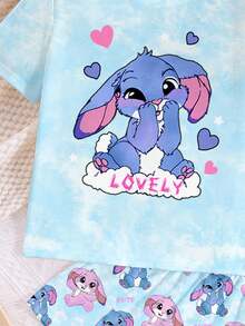 SHEIN 可爱卡通露露兔，针迹图案，扎染天蓝色，青少年女孩休闲简约圆领短袖短裤睡衣套装，适合夏季，清凉凉爽，夏季服装，轻松舒适，时尚儿童，休闲装，儿童图案服装，返校 - 彩色 - 查看 4