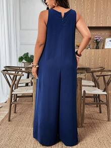 Weeklong Plus Size Casual Pleated A-Line Jumpsuit Fall - Navy Blue - View 2