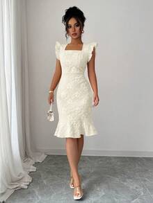 Elenzga 女士提花优雅收腰中长派对连衣裙 - 杏色 - 查看 3