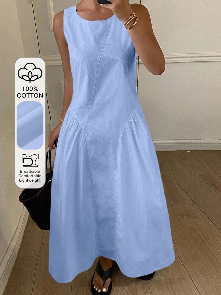 Solid Color Crew Neck Sleeveless Split Casual Dress For Women, Autumn