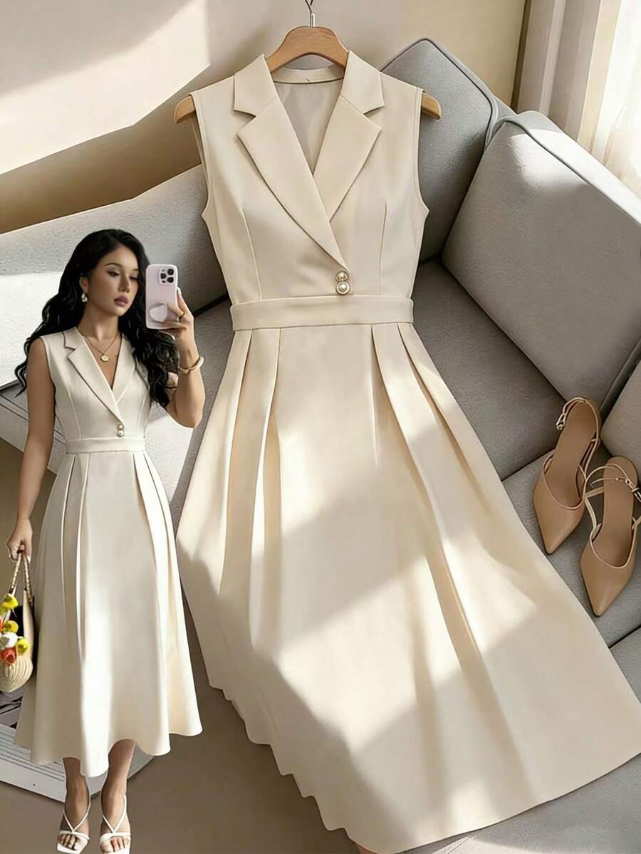 SHEIN PETITE Women's Pearl Button Collar Sleeveless Dress - Apricot - View 1