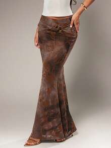 Radiana Women's Sexy Elegant Distinctive Brown Mesh Flocked Fitted Mermaid Skirt, Vacation Skirt, Beach Skirt Brown Skirt Brown 2 Pieces Set Women 2 Pieces Long Skirt Set Long Skirts For Women Women's 2 Pieces Outfits Brown Maxi Skirt Women's Skirts - Brown - View 3