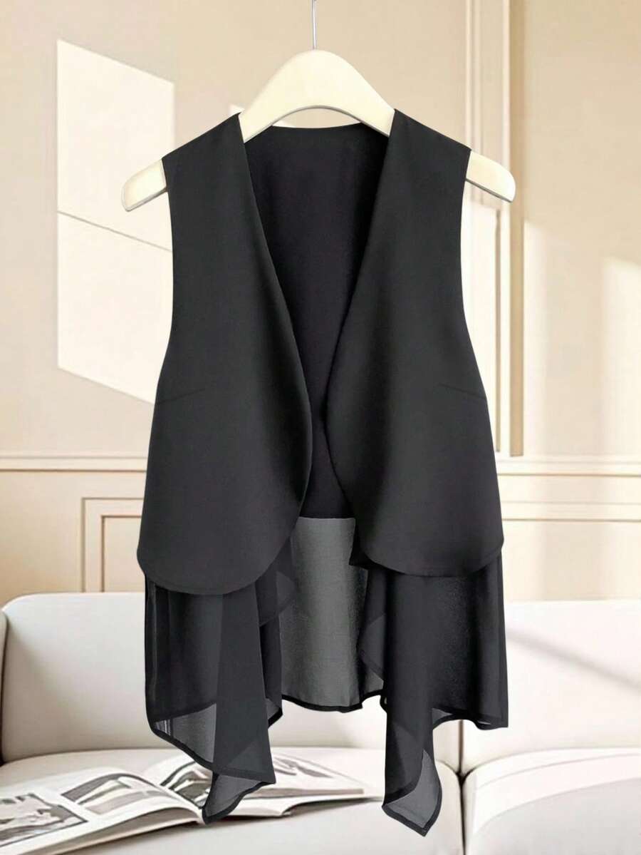 Resyla New Asymmetrical Hem Sleeveless V-Neck Mid-Length Cardigan, Patchwork Vest Top For Plus Size Women - Black - View 1