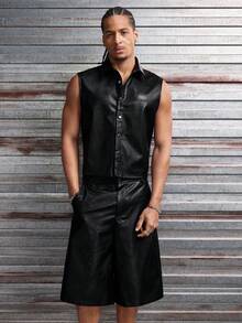 AXEPEAK Men's Fashion Front Button Sleeveless Shirt & Shorts Set, Versatile Summer Outfit - Black - View 6