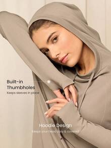 GLOWMODE Ultrafine Soft Seamless Run Your Way Mid-Length Thumbholes Side-Split Hem Seamless Hoodie Medium Impact Training Running Gym Workout Daily Active Wear - Khaki - View 4