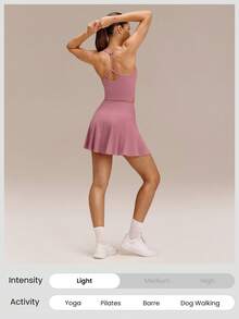 GLOWMODE FeatherFit™ T-Neck Racerback Tank Top Light Support Low Impact Yoga Pilates Studio Fall Winter - Dusty Pink - View 5