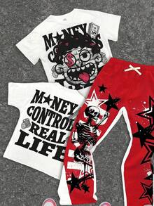 SHEIN 2pcs Tween Boy Classic Cool Graphic Tee And Flare Pants Set, Featuring Stylish Graphic Prints, Suitable For Summer - White - View 5