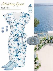 Ellevyn 蓝白碎花V领荷叶袖修身连衣裙，适合工作和约会，夏季浪漫优雅弹力针织印花修身长裙，蓝色连衣裙，婚礼礼服套装，女士蓝色连衣裙，女士碎花连衣裙，伴娘礼服，度假套装，女士夏季连衣裙，女士夏季套装，新款女士连衣裙，休闲裹身裙，婚礼宾客裹身裙，女士碎花连衣裙，荷叶袖连衣裙，蓝色碎花裹身裙 - 藍白色 - 查看 1