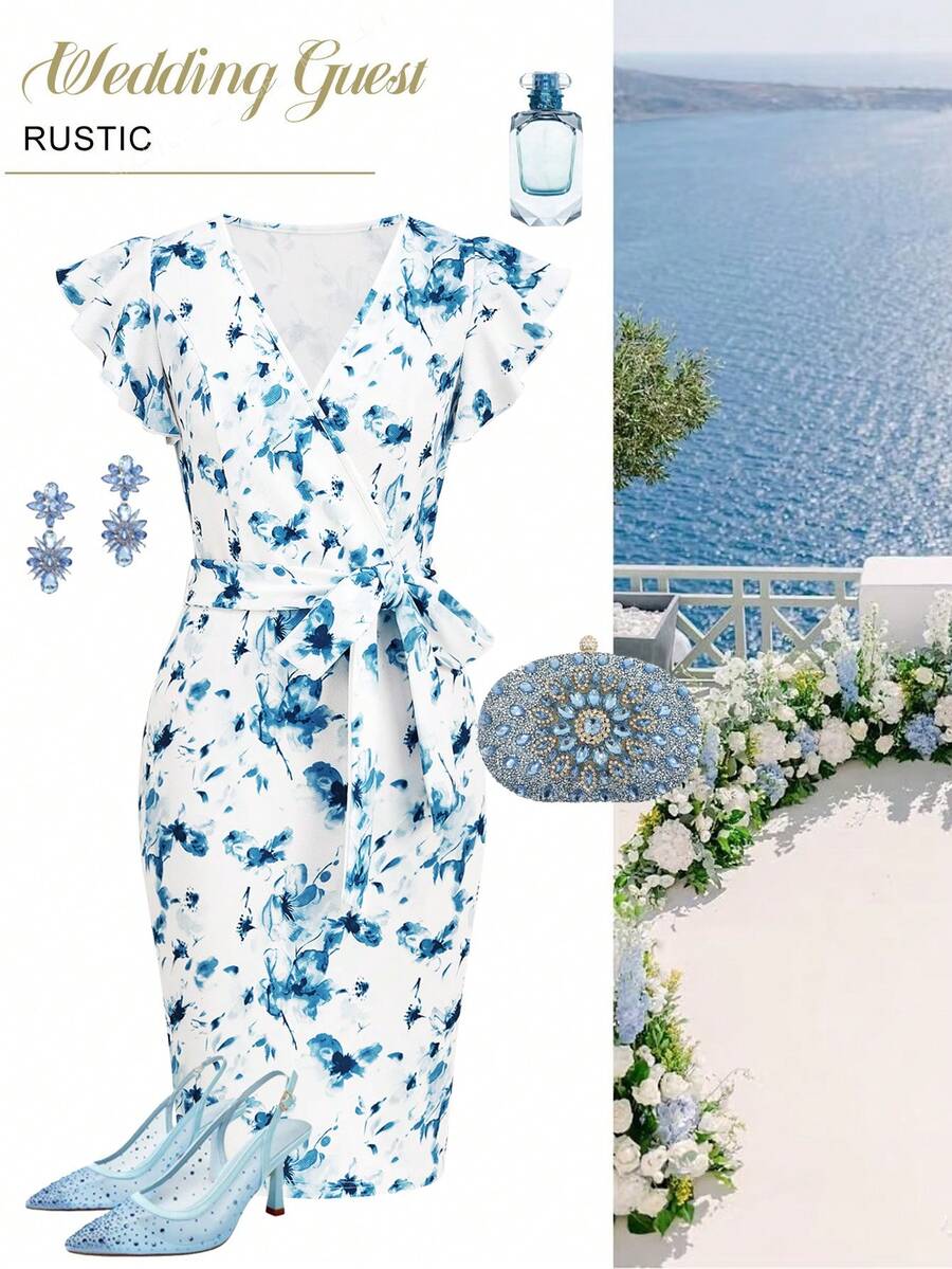 Ellevyn 蓝白碎花V领荷叶袖修身连衣裙，适合工作和约会，夏季浪漫优雅弹力针织印花修身长裙，蓝色连衣裙，婚礼礼服套装，女士蓝色连衣裙，女士碎花连衣裙，伴娘礼服，度假套装，女士夏季连衣裙，女士夏季套装，新款女士连衣裙，休闲裹身裙，婚礼宾客裹身裙，女士碎花连衣裙，荷叶袖连衣裙，蓝色碎花裹身裙 - 藍白色 - 查看 1