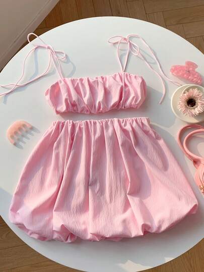 Comfortcana Women's Solid Color Pleated Camisole Top And Floral Ruffle Mini Skirt 2-Piece Vacation Set