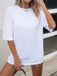 SHEIN 女士字母印花休闲圆领短袖T恤，夏季 - 白色 - 查看 2