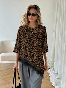 SHEIN LUNE 女士休闲豹纹纯色不对称下摆蕾丝拼接T恤，百搭日常穿搭，春夏休闲上衣，适合度假、夏季、春季、春假及各种场合，包括沙滩装、休闲衬衫、外套和夏季上衣。 - 彩色 - 查看 6