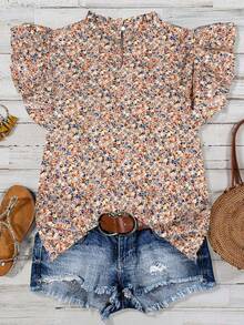 EMERY ROSE 女士休闲黑色碎花立领双层荷叶袖短袖衬衫，春夏款 - 粉色 - 查看 2