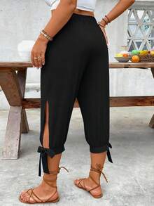Breezaya 大码女式束腰休闲双色裤 - 黑色 - 查看 5