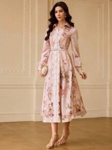 ZEYLAH WOMEN'S ELEGANT FLORAL PRINTED LONG SLEEVE MIDI DRESS - Multicolor - View 5