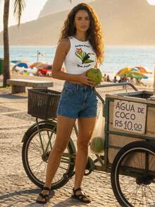 CAJUNI Blusa casual ajustada con cuello redondo y estampado de letras y pájaros, adecuada para citas y salidas - Beis - Ver 4