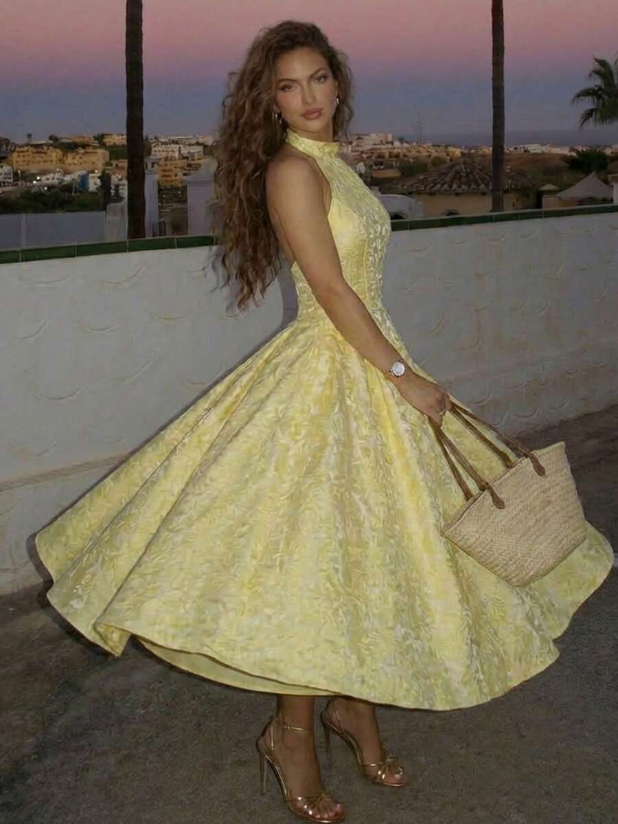 Glamine Charm Vintage 3D Embossed Floral V-Neck Sleeveless Flared Dress For Women Wedding Guest Party Dress Elegant Long Dress Birthday Dresses For Women Graduation Dress Women Dress For Wedding Guest Yellow Dresses For Women Elegant Yellow Formal Dress Halter Neck Dress Jacquard Yellow Dress Yellow Satin Dress Yellow Silk Dress Homecoming Dress Short Yellow Midi Dress Love And Lemonade Dresses Lemon Dress Women Yellow Floral Dress Women Tea Party Dress Yellow Easter Dress Women Yellow Spring Dress - Yellow - View 1