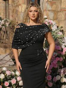 Aureia 大码优雅奢华黑色弹力针织撞色网纱不对称荷叶边修身鱼尾裙，适合晚宴、单身派对、约会、舞会、度假、婚礼等场合。 - 黑色 - 查看 4