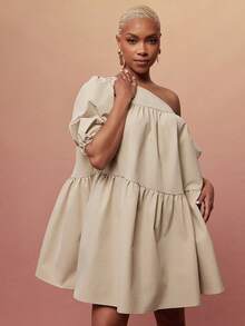 Vixey Solid Woven Asymmetrical Off Shoulder Petal Sleeve Tiered Flowy Short Dress - Khaki - View 4