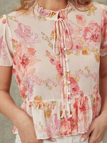 WESTFADE Sheer Floral Mesh Mock Neck Bow Tie Front Ruffle Peplum Short Puff Sleeve Top Spring, Summer, Resort Wear, Festival, Cute, Boho, Vacation, Beach, Nashville, Rodeo, Country Concert Outfit, Cowgirl, Western Wear - Multicolor - View 3