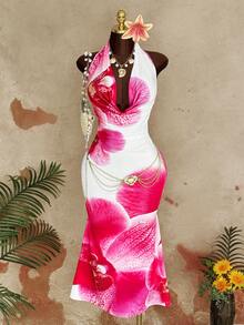 Sunspun Plus Size Vacation Style Ruffled Collar Cinched Waist Bodycon Dress - Multicolor - View 8
