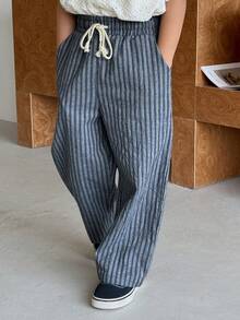 DAZY 男童抽绳腰带条纹休闲百搭阔腿裤，适合日常穿着 - 藍色 - 查看 2