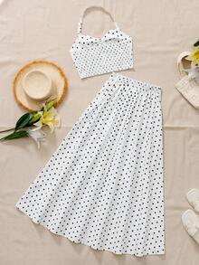 SHEIN Elegant Polka Dot Sleeveless Dress & Cardigan Set, Slim Fit Commuter Style For Teens - Black and White - View 2