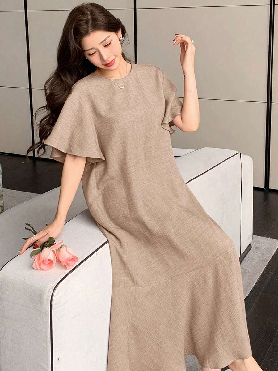 DAZY 纯色圆领荷叶边中长连衣裙,女士夏季吊带裙 - 杏色 - 查看 1