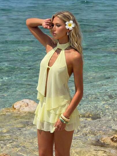Aloruh Women's Solid Color Hollow Asymmetric Hem Tank Top And Mini Skirt Casual 2 Pieces Set Summer Summer Outfits Summer Clothes Beach Outfits For Woman  Beach Vacation Vacation Outfits Woman Boho  Tropical Vacation Woman Clothe Tropical Vacation Woman Clothe Pale Yellow Chiffon Suit For Beach Vacation