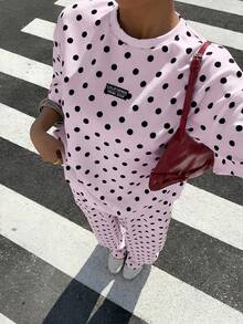 Muchica Women's Casual Pink Polka Dot Pattern Loose T-Shirt And Wide Leg Pants Set, Suitable For Outings, Street Style, Y2K Fashion, Spring/Summer, Wide Leg Pants Set - Pink - View 5