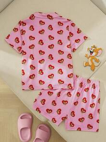 TOM & JERRY X SHEIN Young Girl Heart & Cartoon Print Button Front Short Sleeve Top And Shorts Pajama Set - Pink - View 2