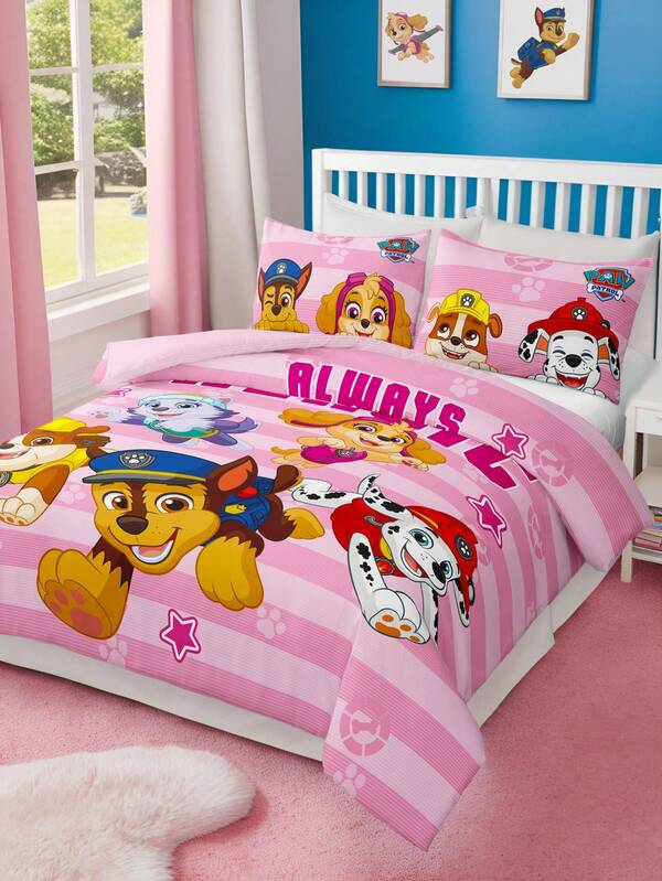 SHEIN | PAW Patrol 3pc Paw Patrol Print Duvet Cover Set, Made Of Brushed Fabric, Soft And Warm, Pink Striped Duvet Cover. Available In Multiple Sizes To Fit Single/Double/King/Extra King Beds.