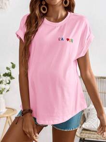 SHEIN Maternity Round Neck Letter Print Casual Versatile Daily Wear Short Sleeve T-Shirt World Cup - Pink - View 3