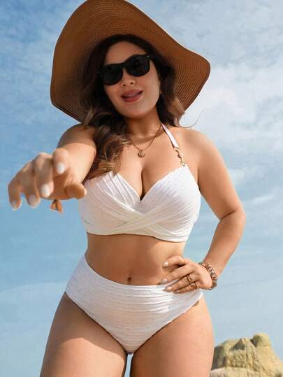 Swim Lushoire 2026新款加大码女式夏季白色纹理面料高腰交叉褶皱加垫胸部收腹塑形两件式比基尼泳衣套装，性感沙滩度假写真