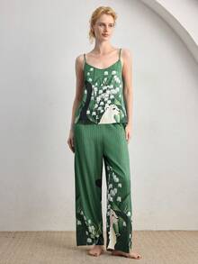 Ocili 两件套波西米亚风缎面豹纹蕾丝简约垂褶领吊带背心和裤子舒适女士睡衣套装 - 墨綠色 - 查看 4