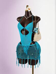 SaltGleam SaltGleam 性感露背夏季吊带背心和亮片装饰半裙两件套，休闲度假装 - 藍色 - 查看 3