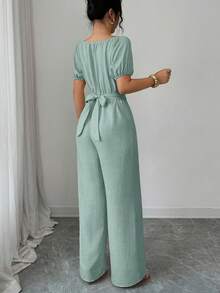 Elegant Women's Wide-Leg Jumpsuit With Round Neck, Long Sleeves, Twisted Waist And Wooden Bead Decoration In Khaki For Everyday Wear - 薄荷綠 - 查看 2