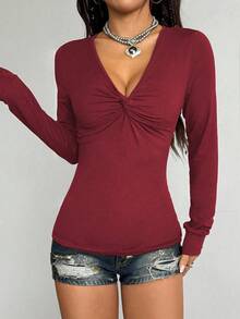 Jeanoix Áo thun tay ngắn cổ chữ V thắt nút màu trơn thời trang mùa thu - Màu Đỏ Sâu - Xem 6