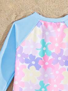 Young Girl Colorful Floral Print Long Sleeve Rash Guard One-Piece Swimsuit With Hood,Cute 2-Piece Set For Summer,Beach,Family Vacation,Holiday - Baby Blue - View 4