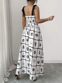 SHEIN Robe camisole à col carré imprimé floral pour femmes avec ceinture nouée, silhouette évasée, taille élastique, charmante, élégante, douce et mignonne. Convient pour le quotidien, les vacances, les déplacements, les sorties mode, le style de rue français, polyvalente et rétro. Manches courtes, longueur mi-mollet, imprimé floral noir et abricot. Nouvelle arrivée. - Multicolore - Voir 2
