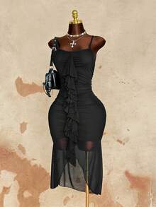 Sunspun Vestido justo sem mangas com detalhes franzidos, tamanho grande - Preto - Ver 5