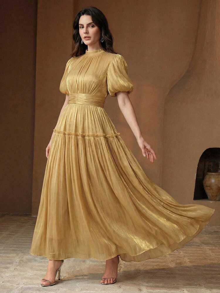 Anewsta Essential Anewsta Women's Spring/Summer Gold Elegant Stand Collar Puff Sleeve A-Line Cinched Waist Long Dress, Shiny Fabric, Suitable For Daily Wear, Gatherings, Parties, Valentine's Day, Weddings