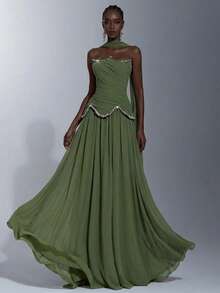 Elitara 优雅橄榄绿无肩带不对称领口奢华水钻链条腰部褶皱A字型长裙（含可拆卸挂脖），适合约会、度假、单身派对、婚礼及所有正式场合，女士晚礼服 - 橄欖綠 - 查看 8