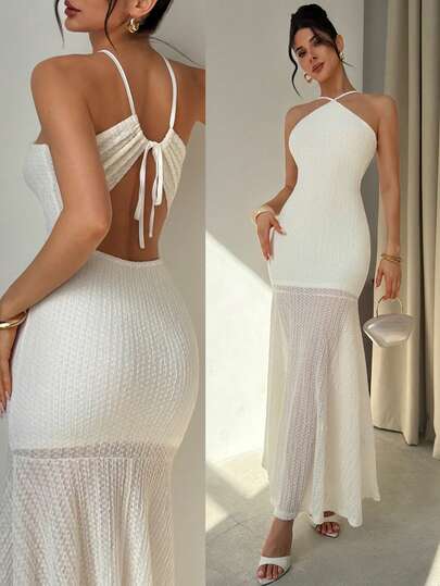 Firerie 女士优雅夏季浪漫度假约会婚礼派对毕业舞会白色露背吊带连衣裙，沙滩度假连衣裙，白色连衣裙