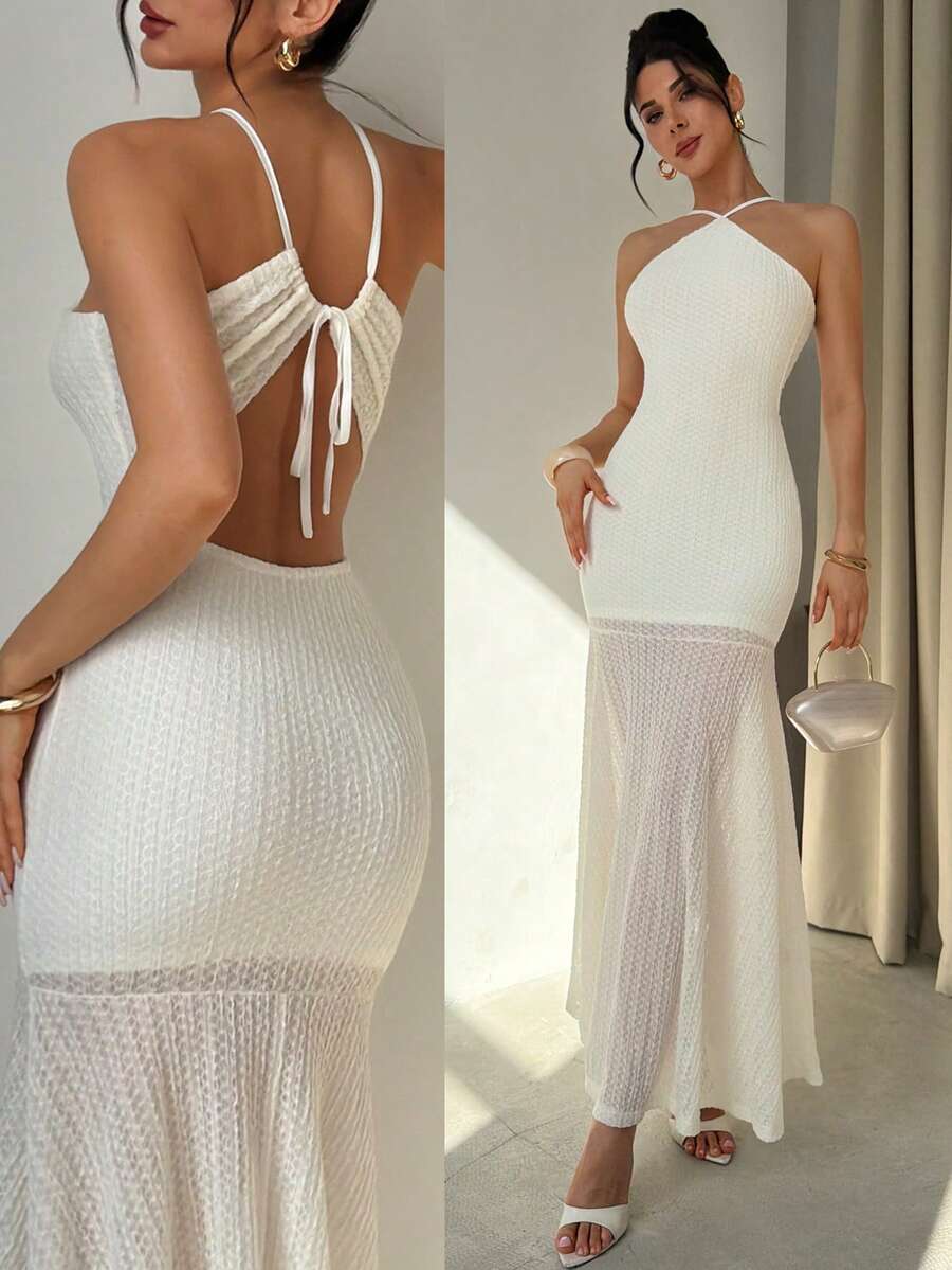 Firerie 女士优雅夏季浪漫度假约会婚礼派对毕业舞会白色露背吊带连衣裙，沙滩度假连衣裙，白色连衣裙 - 白色 - 查看 1