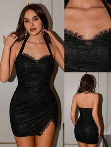 Poshira Luxury Cocktail Party Evening Gown, High-End Elegant Hostess Formal Dress Black Lace Dress Black Sexy Dress Women Black Club Dress Sexy Date Night Dress Lace Black Dress Sexy Black Dress Split Thigh Dress Halter Black Dress Black Halter Dress - Black - View 3