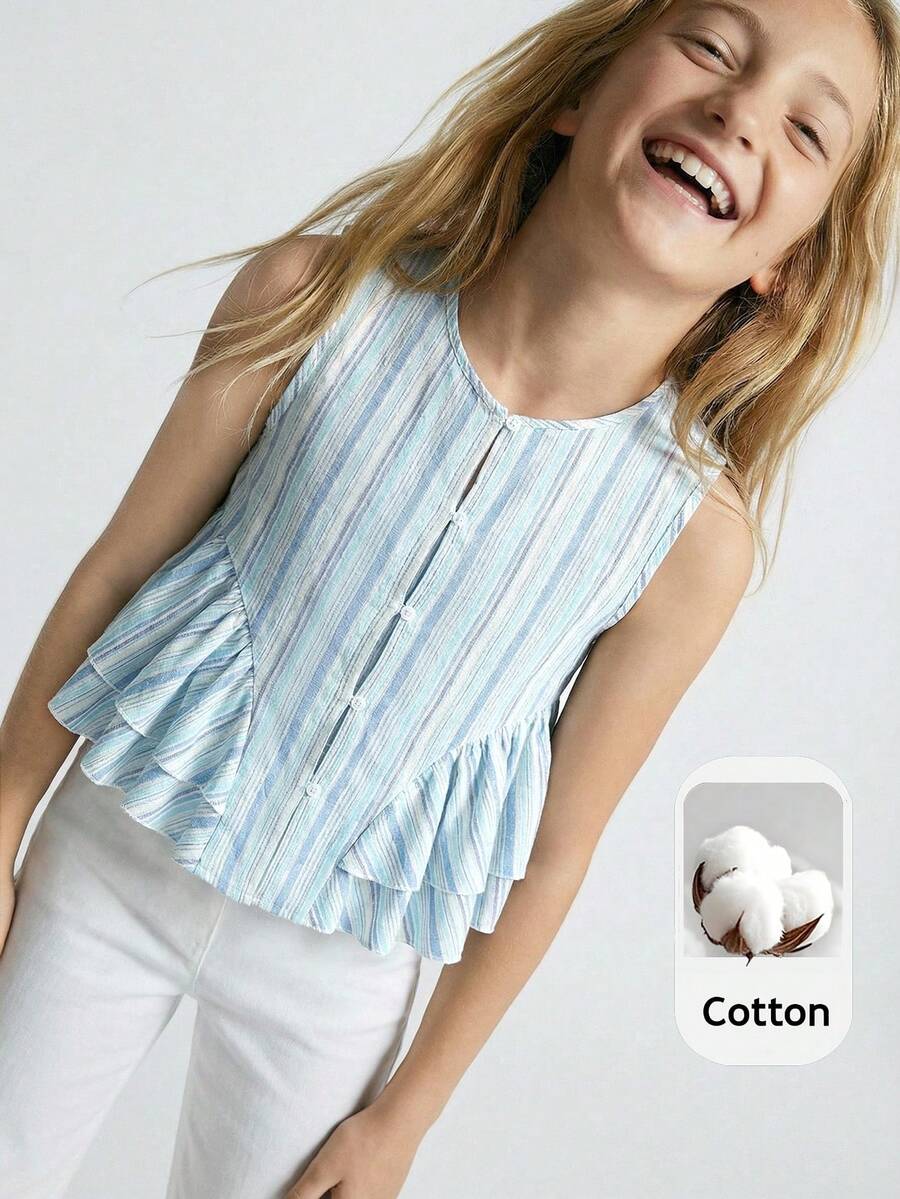 Maija Kids Maija Kids 1件少女休闲优雅露脐宽松双层荷叶边下摆背心，适合休闲外出、聚会、节日、夏季和春季穿着。 - 彩色 - 查看 1