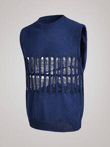 AXEPEAK Men's Solid Color Crew Neck Sleeveless Hollow-Out Knit Top - Blue - View 4