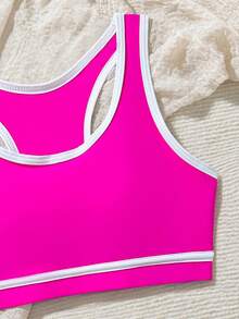 SHEIN Tween Girl Contrast Trim Tankini Top And Triangle Bottoms Swimsuit Set, Suitable For Summer Vacation And Beach - Hot Pink - View 3