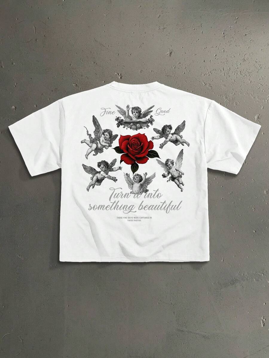 StoneGrade 天使被玫瑰花环绕的时尚印花男士白色标准版型短袖T恤，约会聚会必备，休闲穿搭，适合作为送给男友的礼物 - 白色 - 查看 1